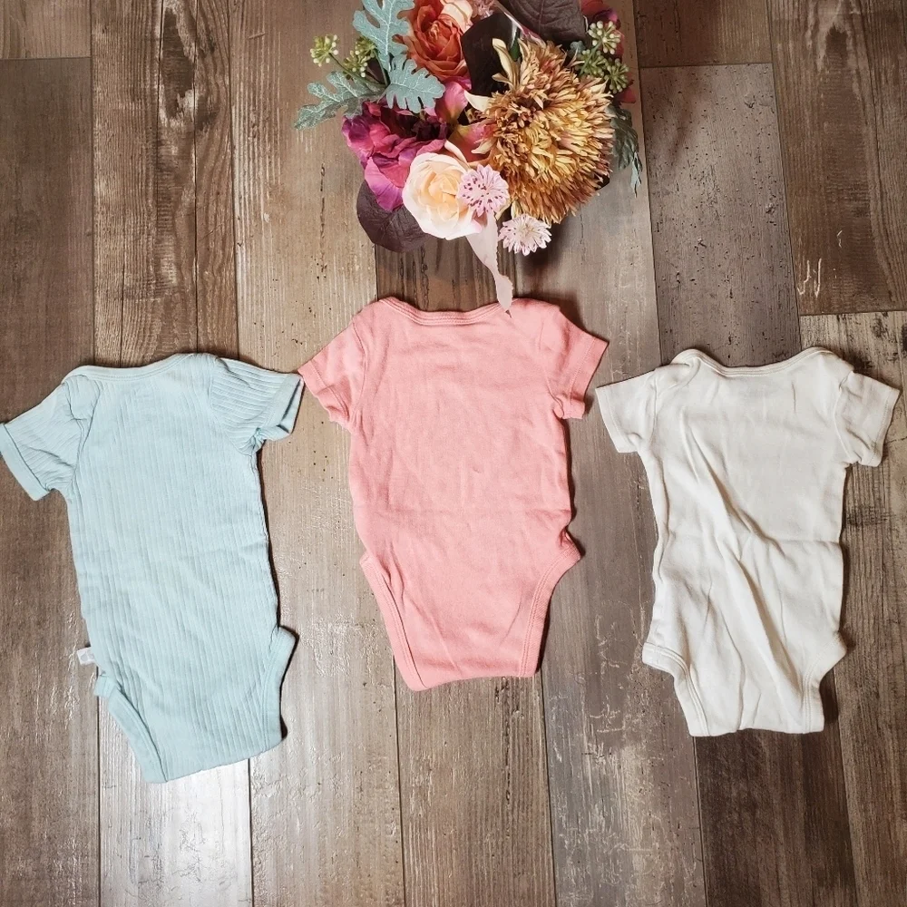 Baby Girl 100% Cotton 3Pc Bodysuit Bundle - Spring Pastel Colors - 0-3m 0/3m